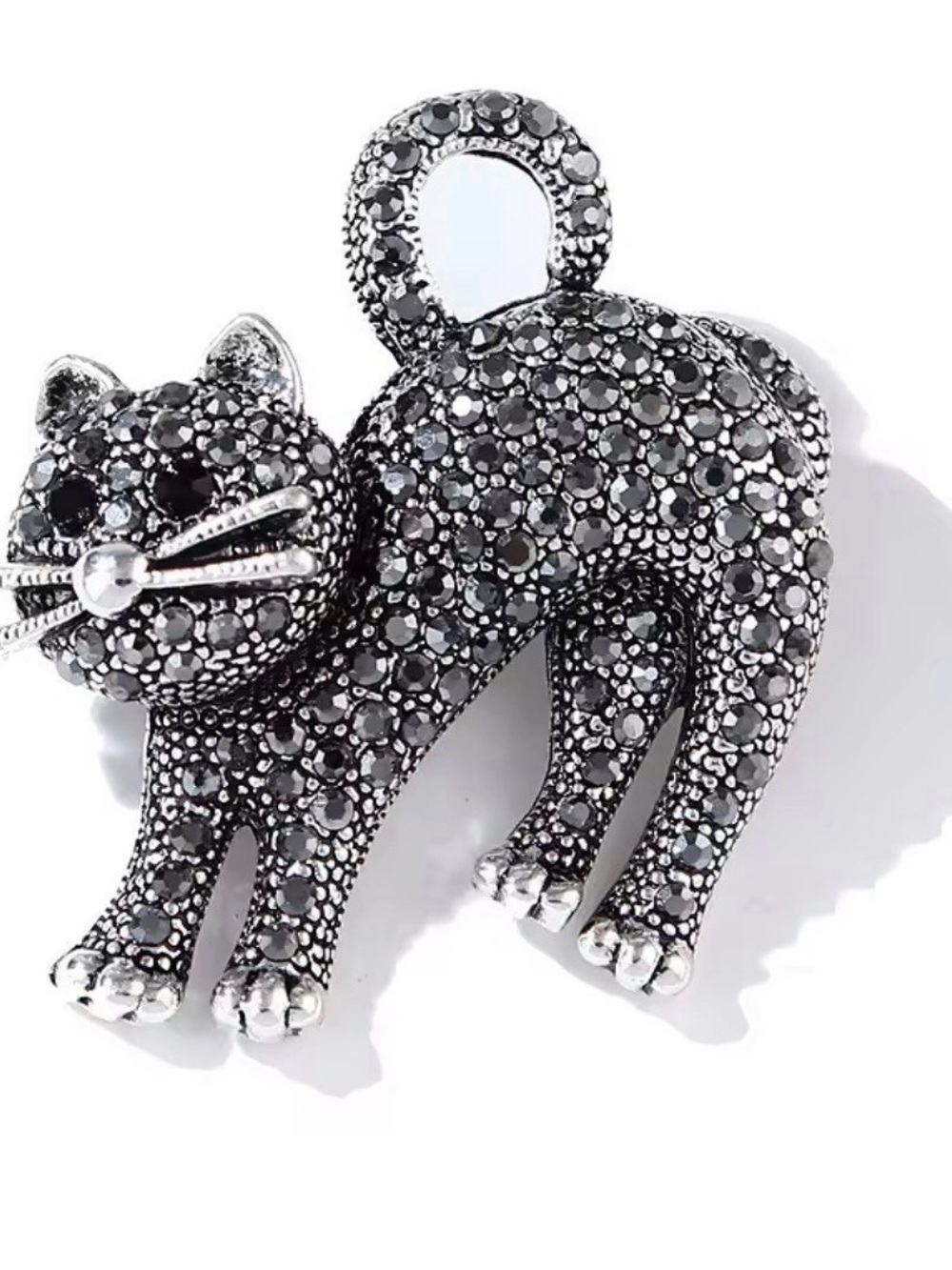 Silver Cat Charm Brooch - Sparkling Cat Jewelry Pin Dark Gray